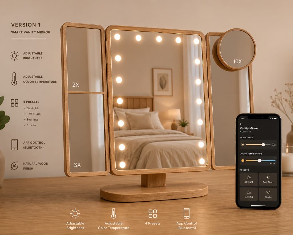 A natural wood-finished tri-fold vanity mirror—great for travel, dorm, and home.